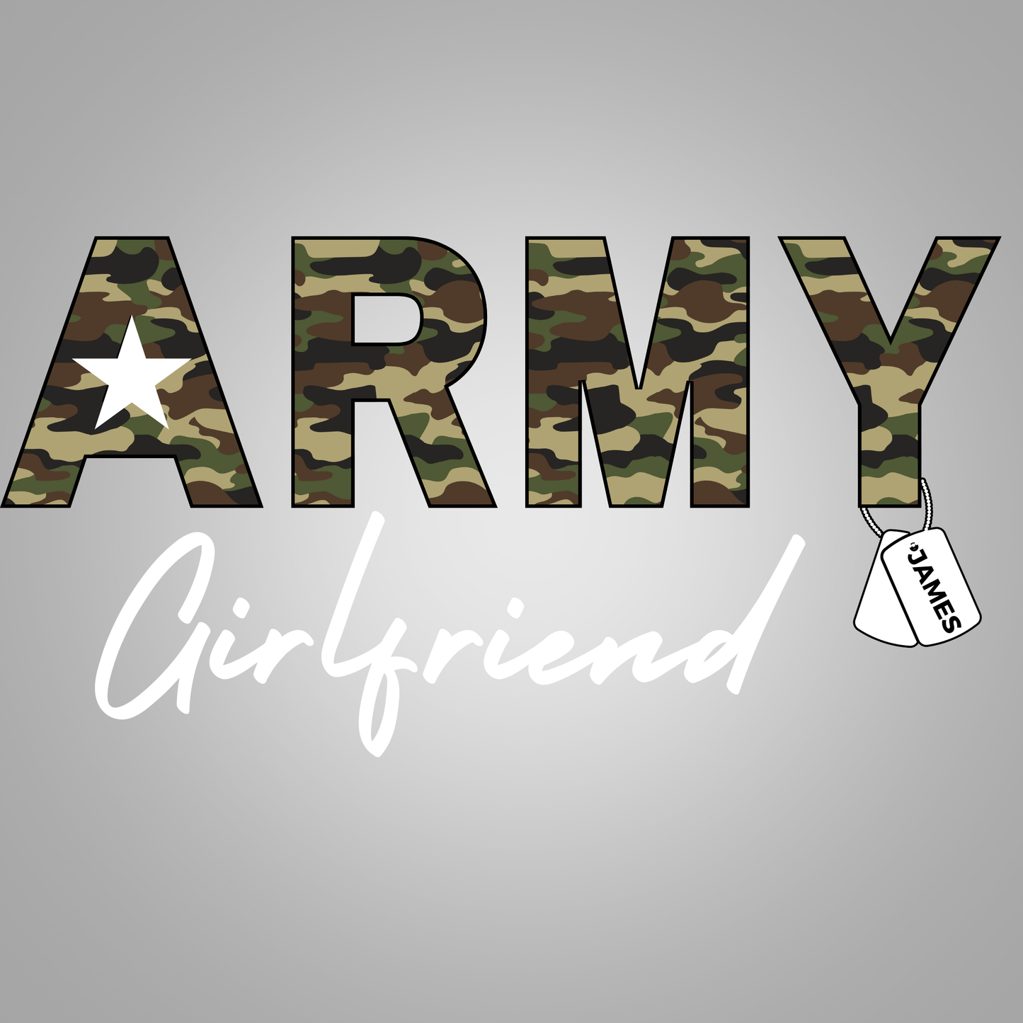 Camouflage-style text 'ARMY Girlfriend' with a tag on a gray background