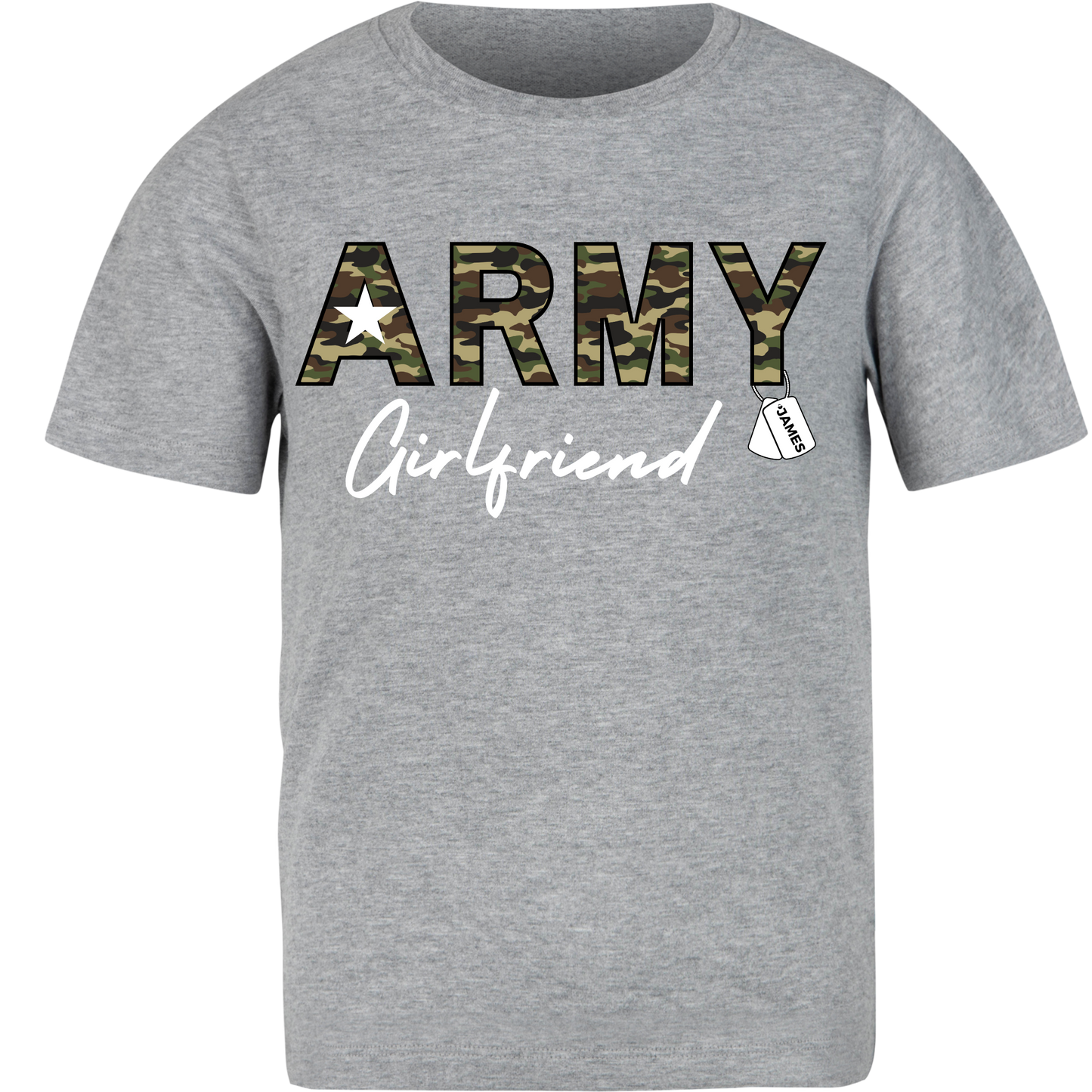 Gray t-shirt with 'ARMY Girlfriend' text in camouflage and white on a white background