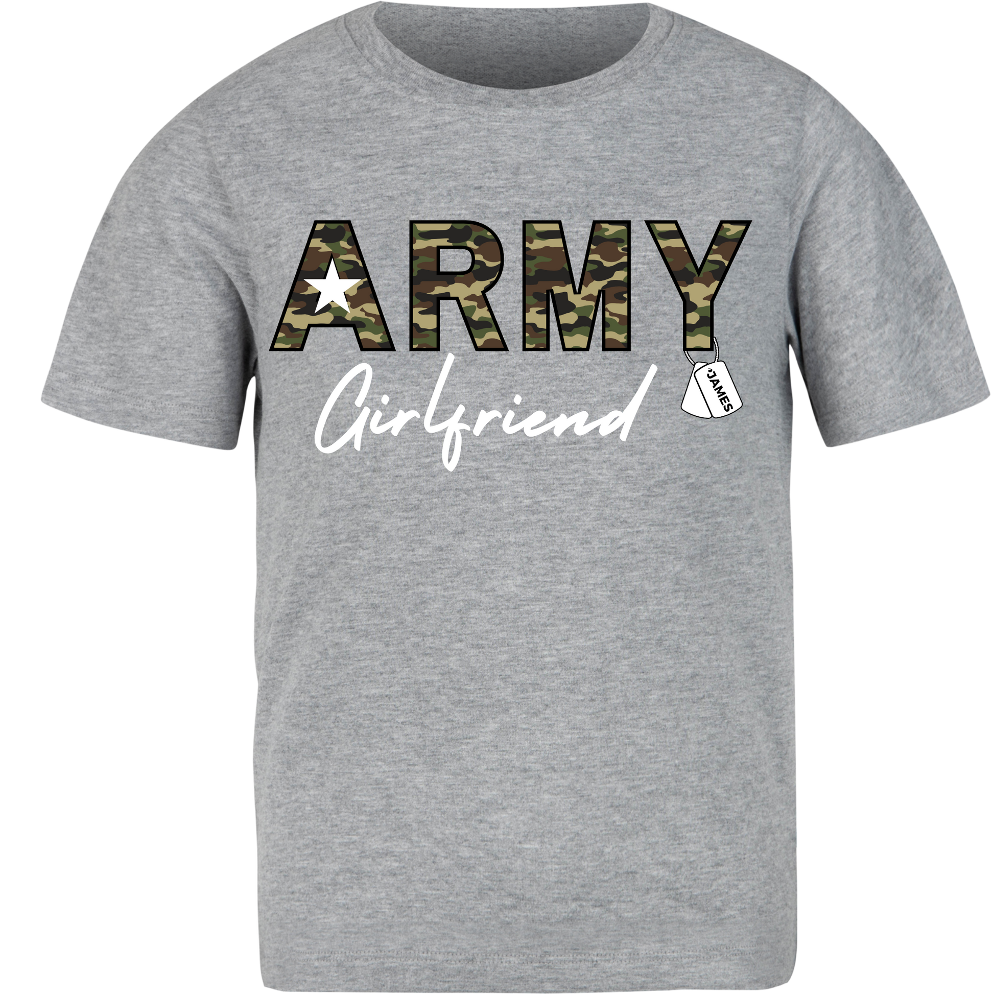 Gray t-shirt with 'ARMY Girlfriend' text in camouflage and white on a white background