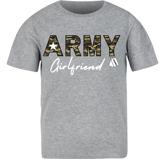 Gray t-shirt with 'ARMY Girlfriend' text in camouflage and white on a white background
