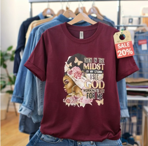 “Even in the Midst of My Storm” Inspirational Graphic Tee – Women’s Maroon Faith & Floral Shirt