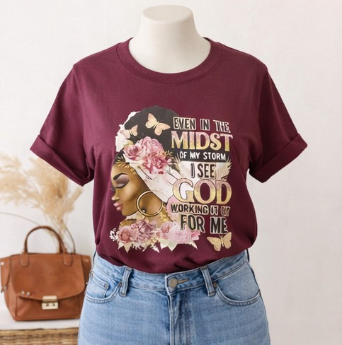 “Even in the Midst of My Storm” Inspirational Graphic Tee – Women’s Maroon Faith & Floral Shirt