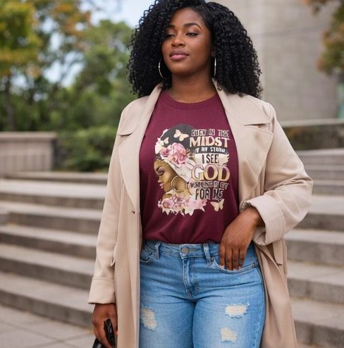 “Even in the Midst of My Storm” Inspirational Graphic Tee – Women’s Maroon Faith & Floral Shirt