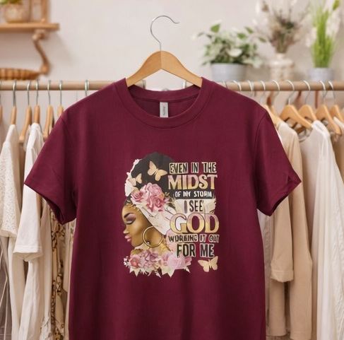 “Even in the Midst of My Storm” Inspirational Graphic Tee – Women’s Maroon Faith & Floral Shirt