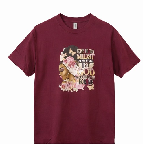 “Even in the Midst of My Storm” Inspirational Graphic Tee – Women’s Maroon Faith & Floral Shirt