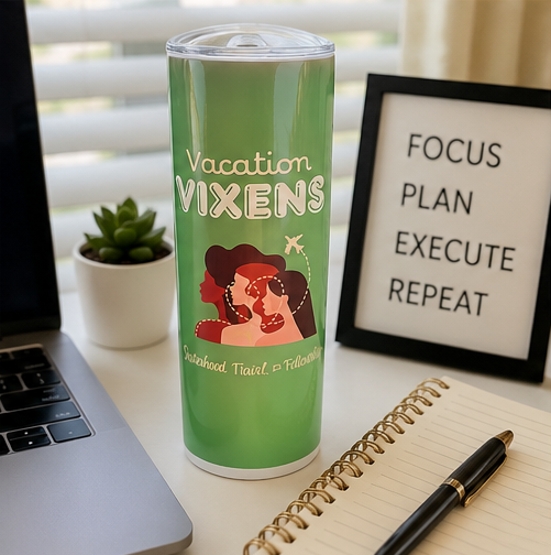 Travel mug with Vacation Vixens artwork