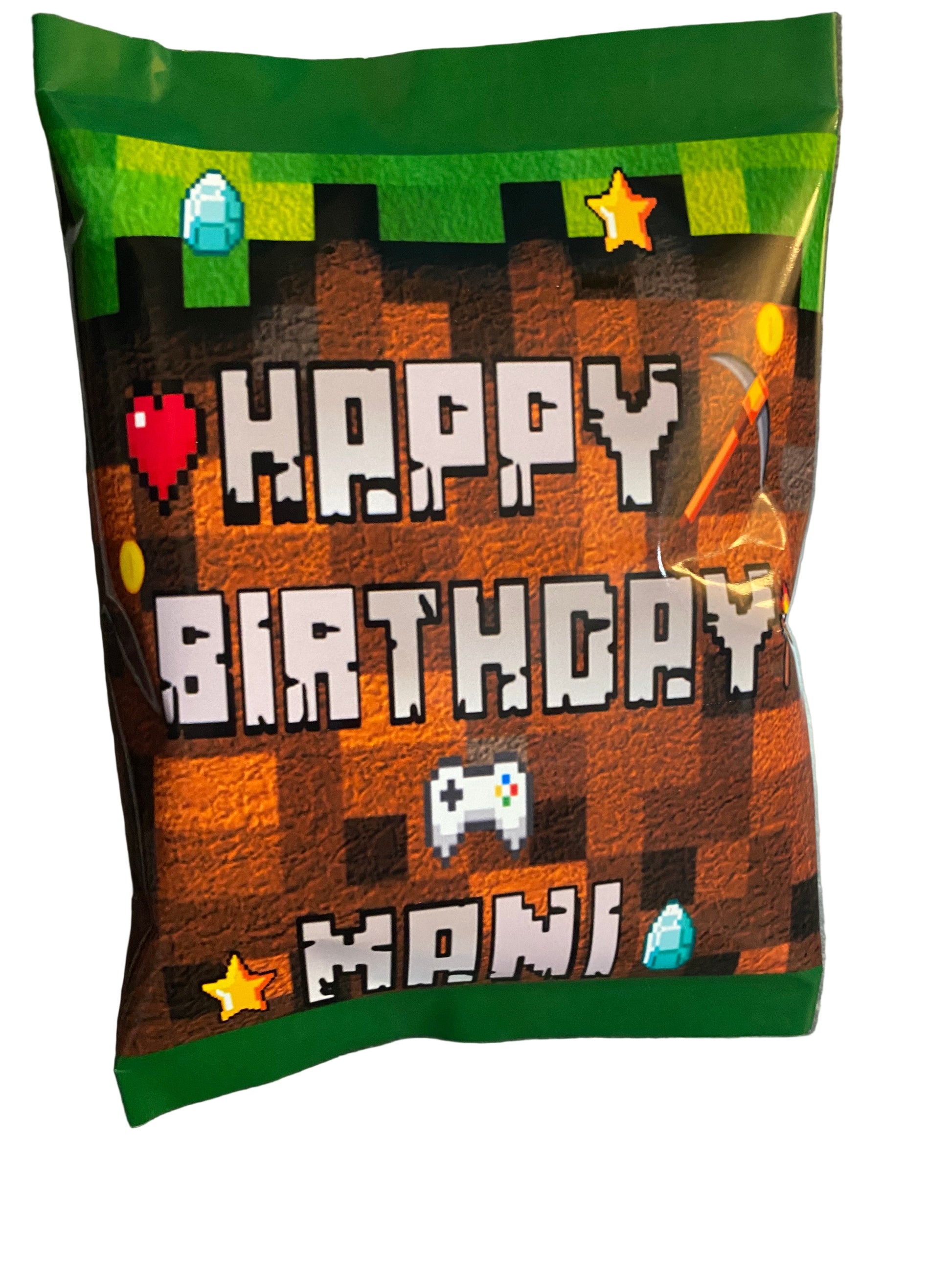 Minecraft Chip bag birthday theme with 'Happy Birthday' 